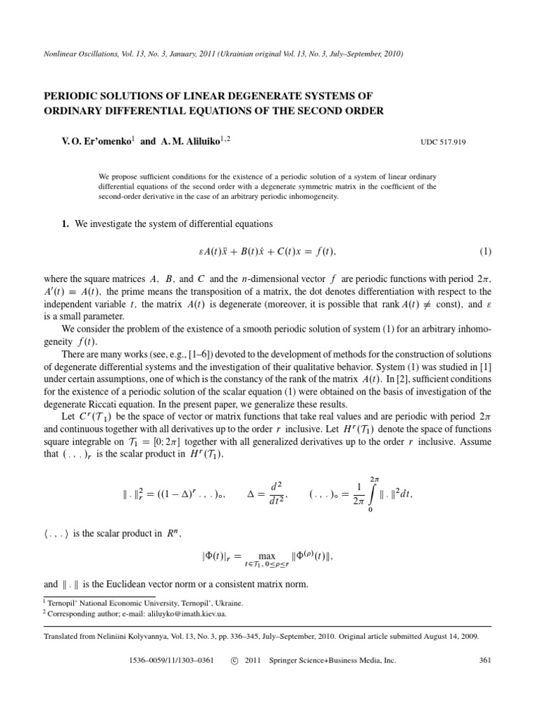 Periodic Solutions of Linear Degenerate Systems of Ordinary ...