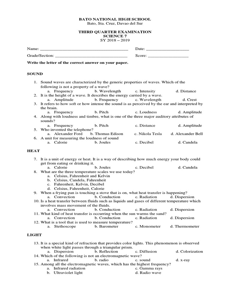 Science 7 Third Quarter Exam 2018-2019 | PDF | Electromagnetic ...