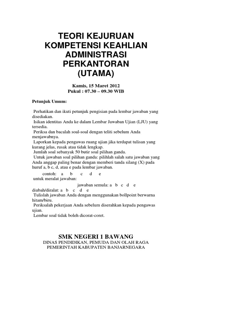 Soal Teori Kejuruan Administrasi Perkantoran Dan Kunci Jawaban 2019