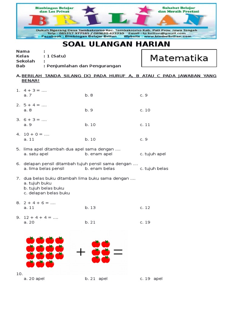 Soal Matematika Kelas 1 Sd Bab 2 Penjumlahan Dan Pengurangan Dan Kunci Jawaban Pdf