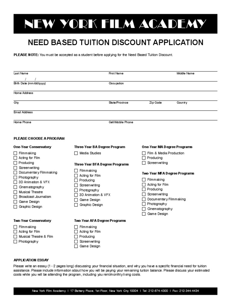 New York Film Academy Need Based Tuition Discount Application PDF