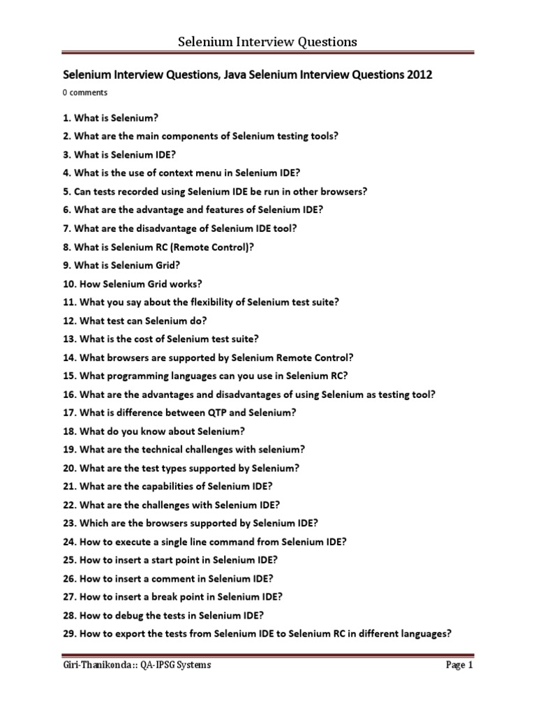 Selenium Interview Questions Guide | PDF | Selenium (Software ...
