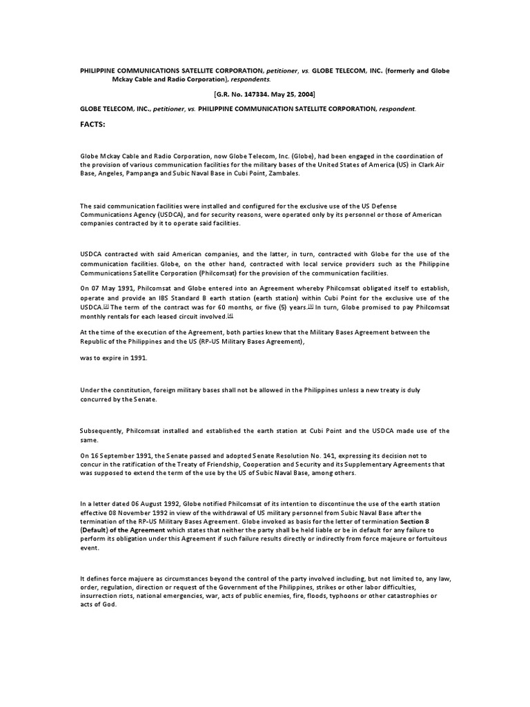 Globe vs. Philcomsat: Force Majeure Ruling | PDF | Treaty | Public Sphere