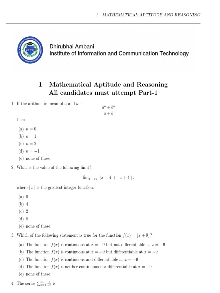 Mathematical Aptitude Test Questions | PDF | Physics | Teaching Mathematics