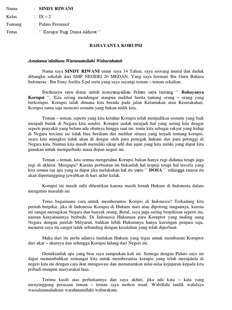 Teks Pidato Persuasif Korupsi Rugi Dunia Akhirat Terbaru Kumpulan Referensi Teks Pidato