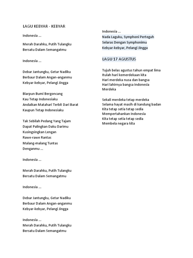 Lirik Lagu Kebyar Kebyar Nasional | PDF