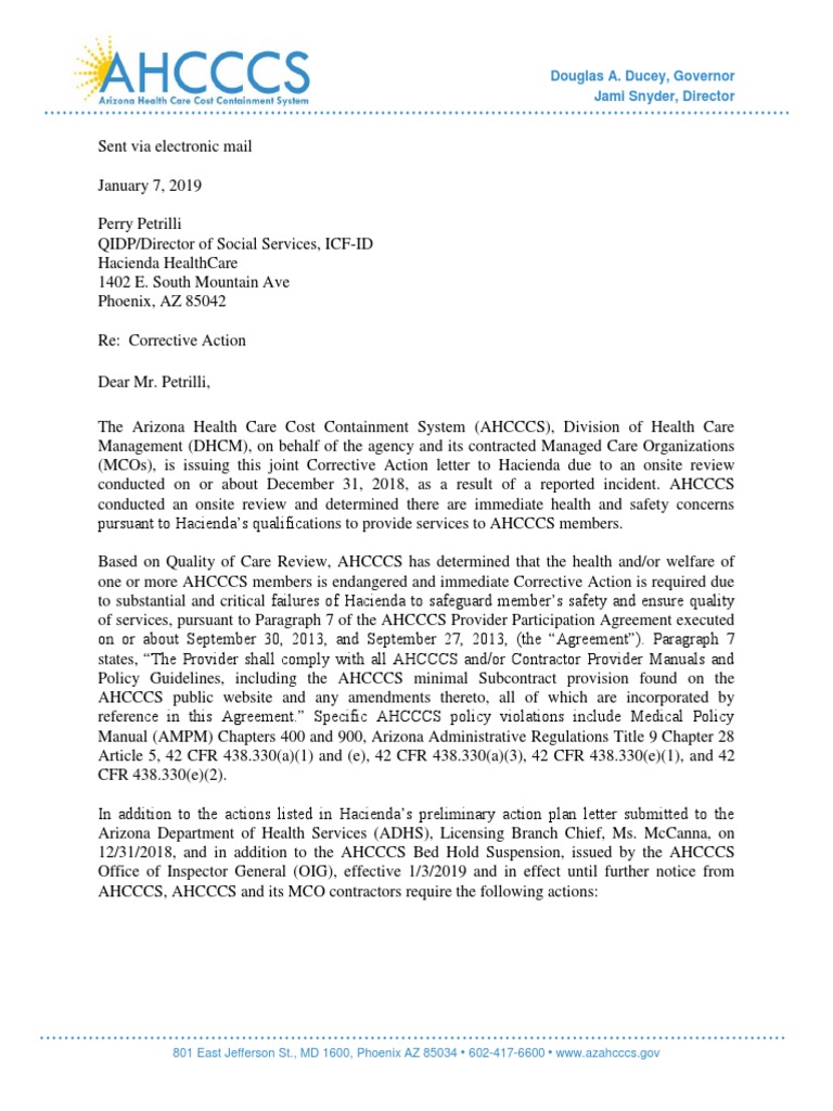 AHCCCS Hacienda Corrective Action Letter 01 07 19 Health Care 