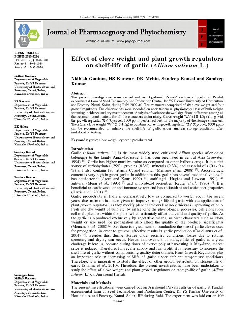 Effect of Clove Weight and Plant Growth Regulators On ShelfLife of