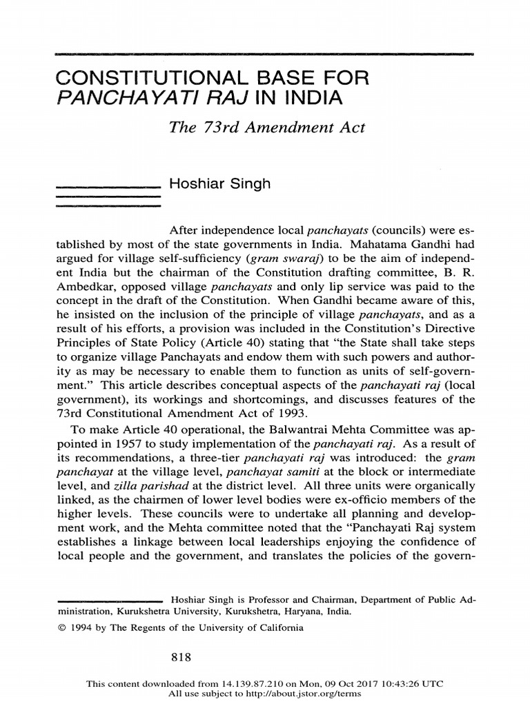 Constitutional Base For Panchayati Raj in India PDF Government Of