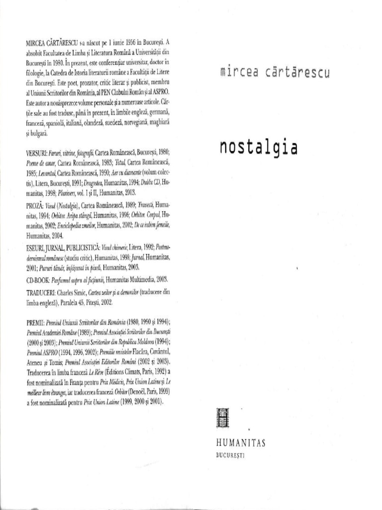 Rem De Mircea Cartarescu Mircea Cartarescu Nostalgia | PDF