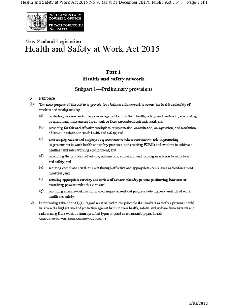 Health and Safety at Work Act 2015 New Zealand Legislation PDF