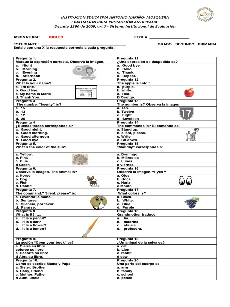 Evaluación de Inglés para Segundo Grado | PDF | Ocio