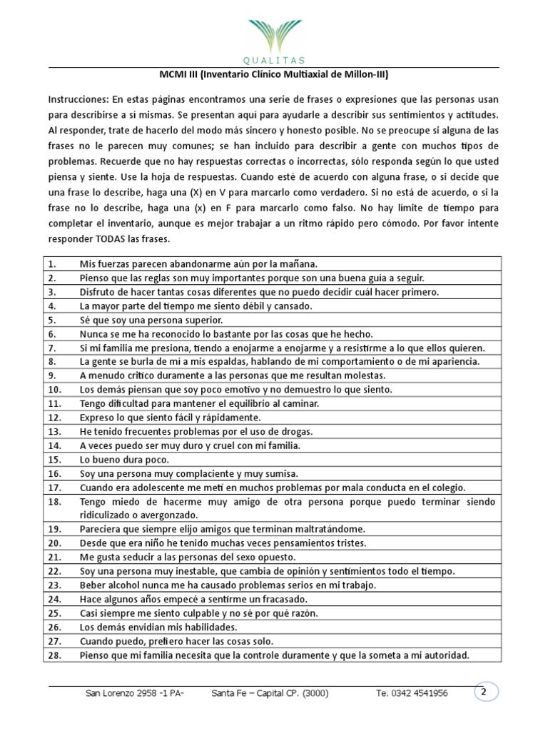 Test MCMI III: Inventario Clínico | PDF | Sicología