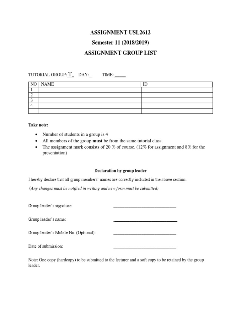 USL2612 Assignment Group List | PDF