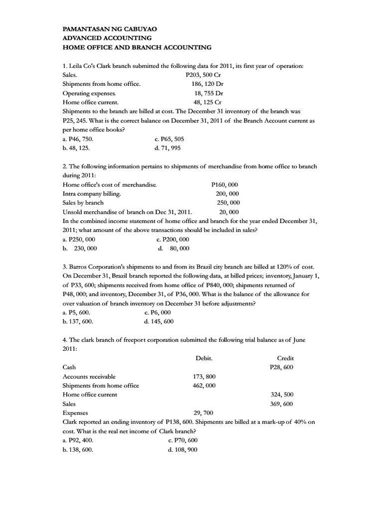 Home Office and Branch Accounting | PDF | Debits And Credits | Inventory