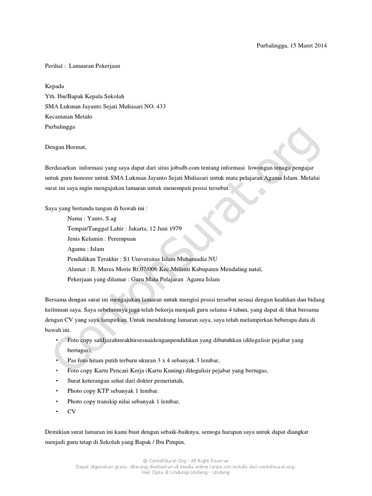 Contoh Surat Lamaran Kerja Guru Honorer Contoh surat lamaran kerja guru honorer. scribd