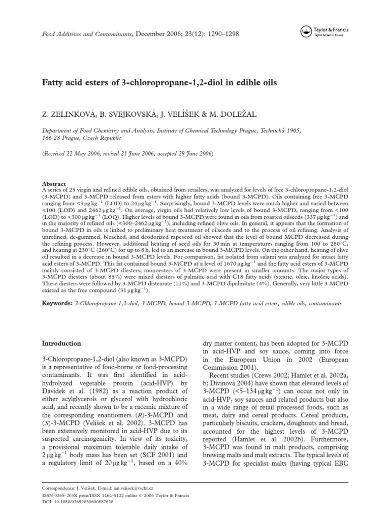 3MCPD in Cooking Oils PDF Vegetable Oil Gas Chromatography