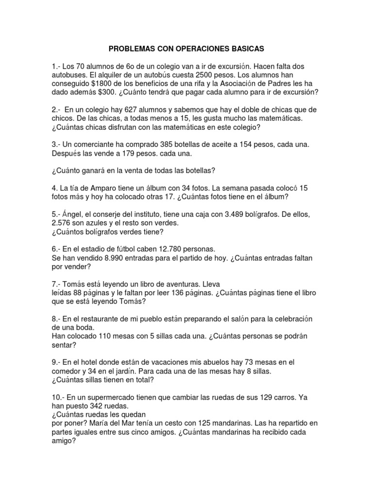 Problemas Matemáticos con Operaciones Básicas | PDF | Deportes y ...