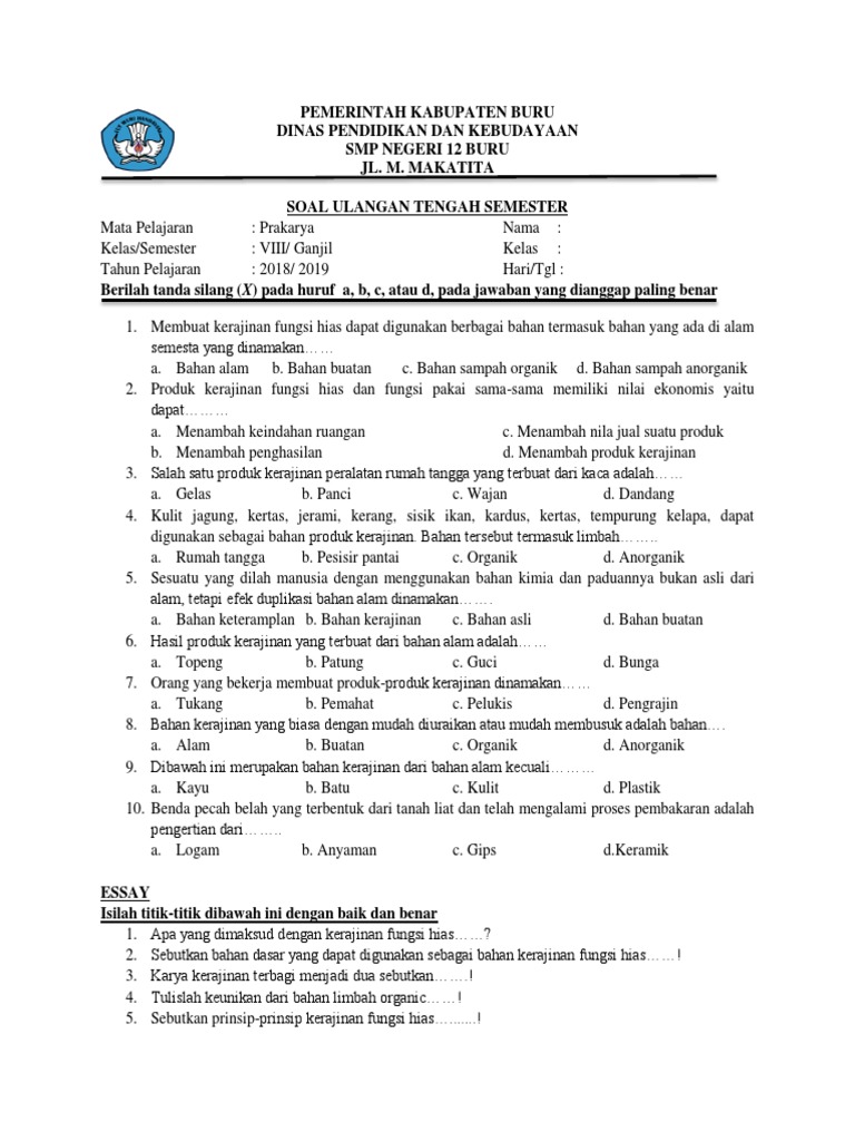 Soal Uts Prakarya Kerajinan Fungsi Pakai Ilmu Guru