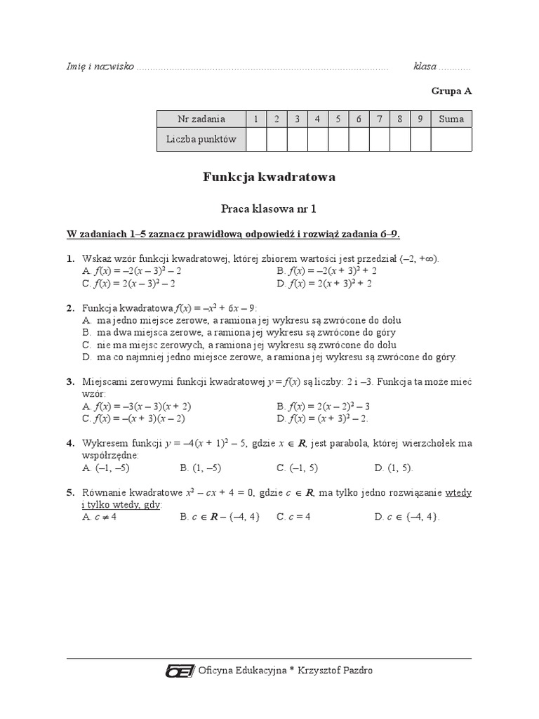 Sprawdzian Funkcja Kwadratowa Klasa 2 Liceum