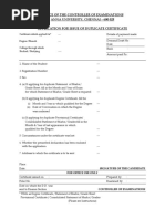 Office of The Controller of Examinations Anna University, Chennai - 600 025 Application For Issue of Duplicate Certificate