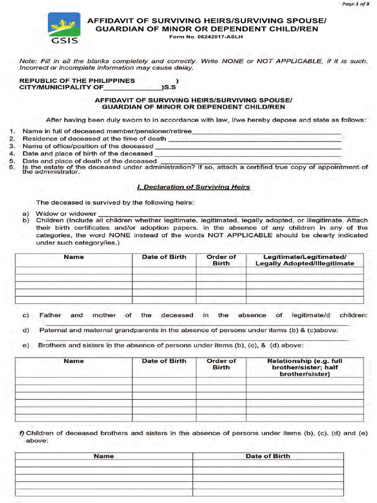 Affi Davi T OF Survi VI NG HEI RS/ Survi VI NG Spouse/ Guardi AN OF MI ...