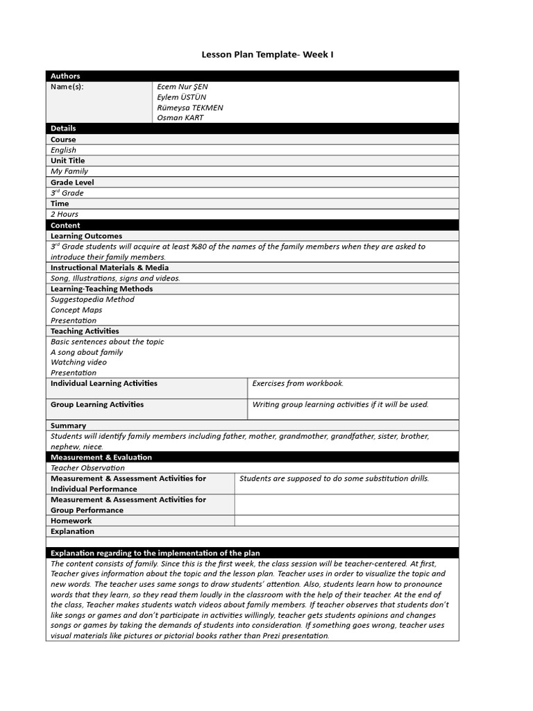 Lesson Plan Template-Week I: Name(s) | PDF | Language Arts & Discipline ...