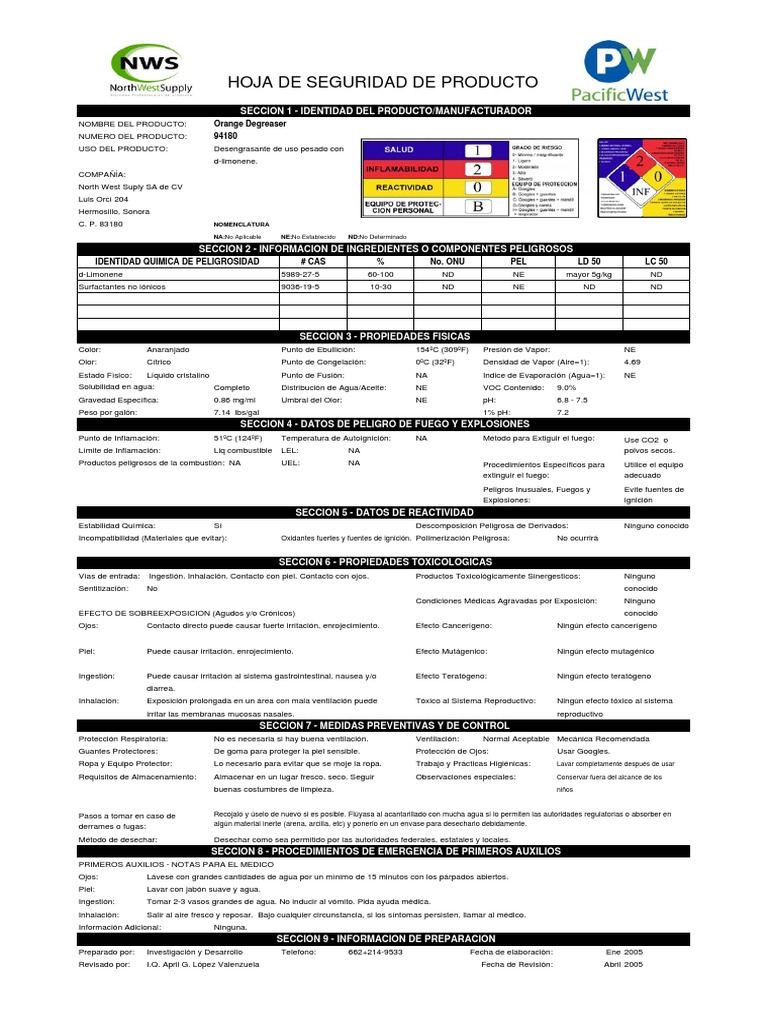 MSDS Orange Degreaser PDF PDF Toxicidad Agua