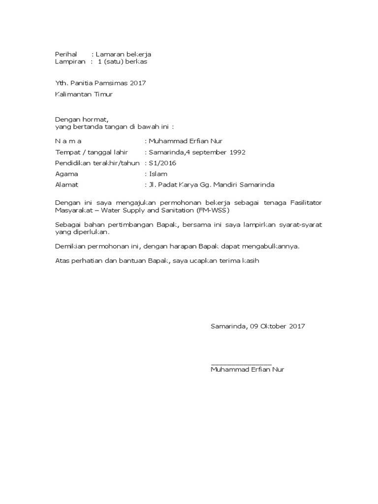 Contoh Surat Lamaran Pamsimas Kalimantan Selatan / Contoh Surat Lamaran