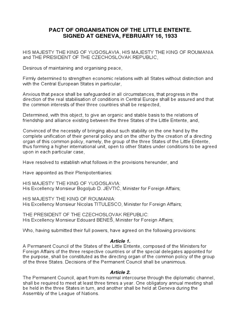 Pact of Organisation of The Little Entente. Signed at Geneva, February ...