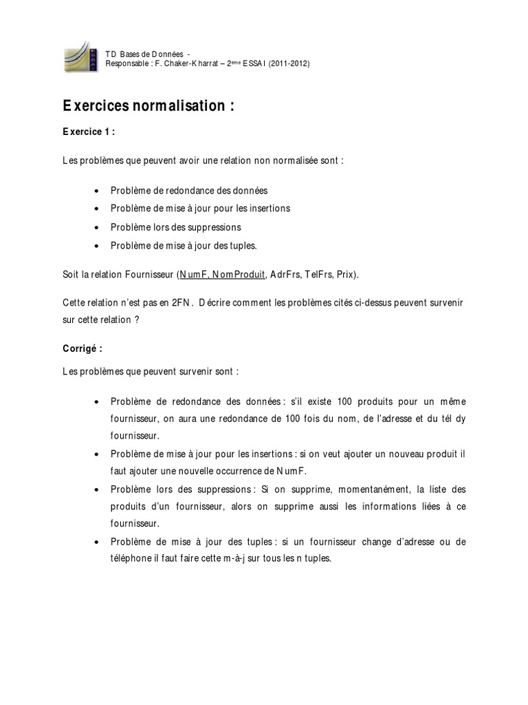 Problèmes de normalisation en bases de données | PDF | SQL | Modèle ...
