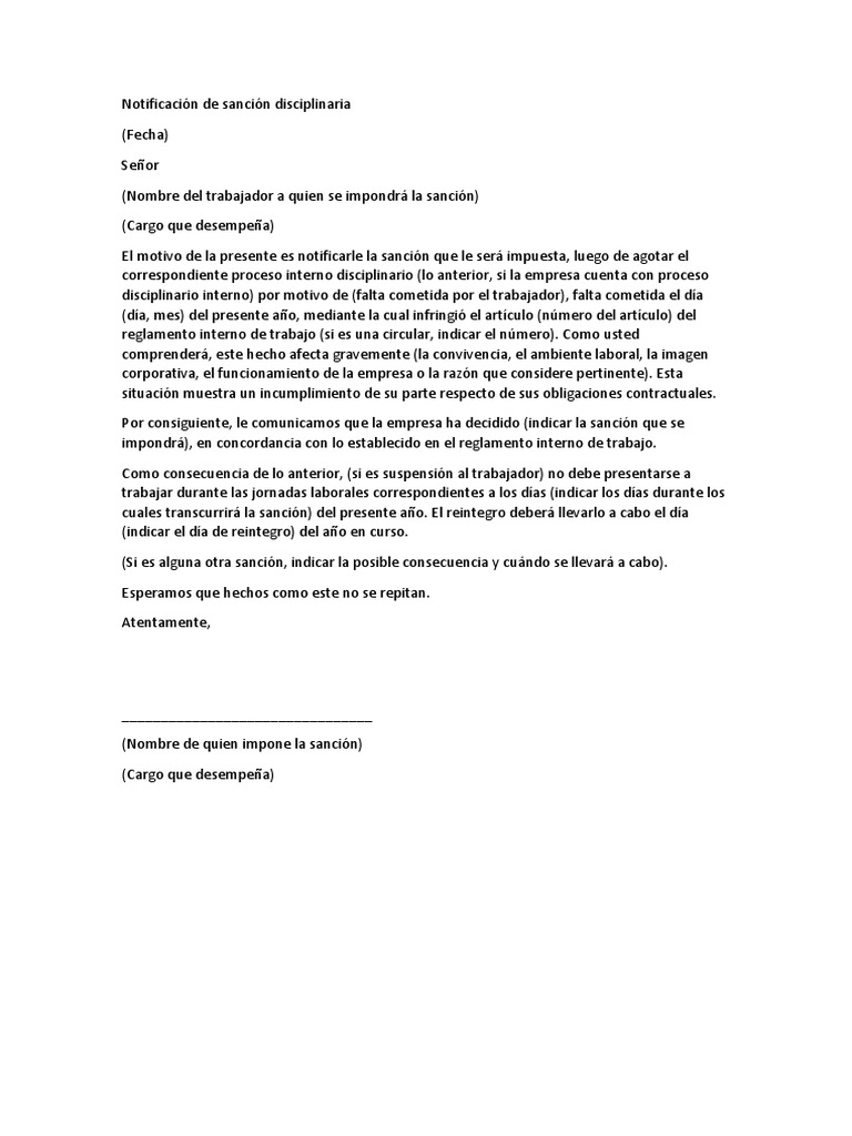 Notificación de Sanción Disciplinaria