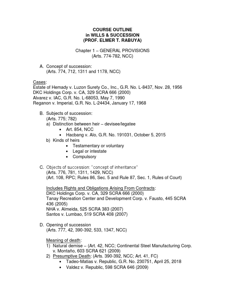 Rabuya's Wills & Succession Course Outline | PDF | Will And Testament ...