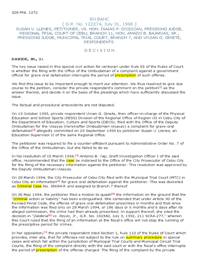 Llenes v. People 1996 Citing Zaldivia PDF Statute Of Limitations