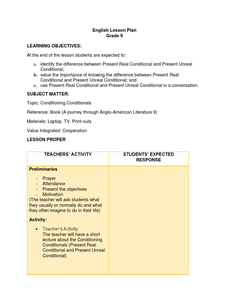 Grade 9 Lesson Plan Lesson Plan Teachers Gambaran 