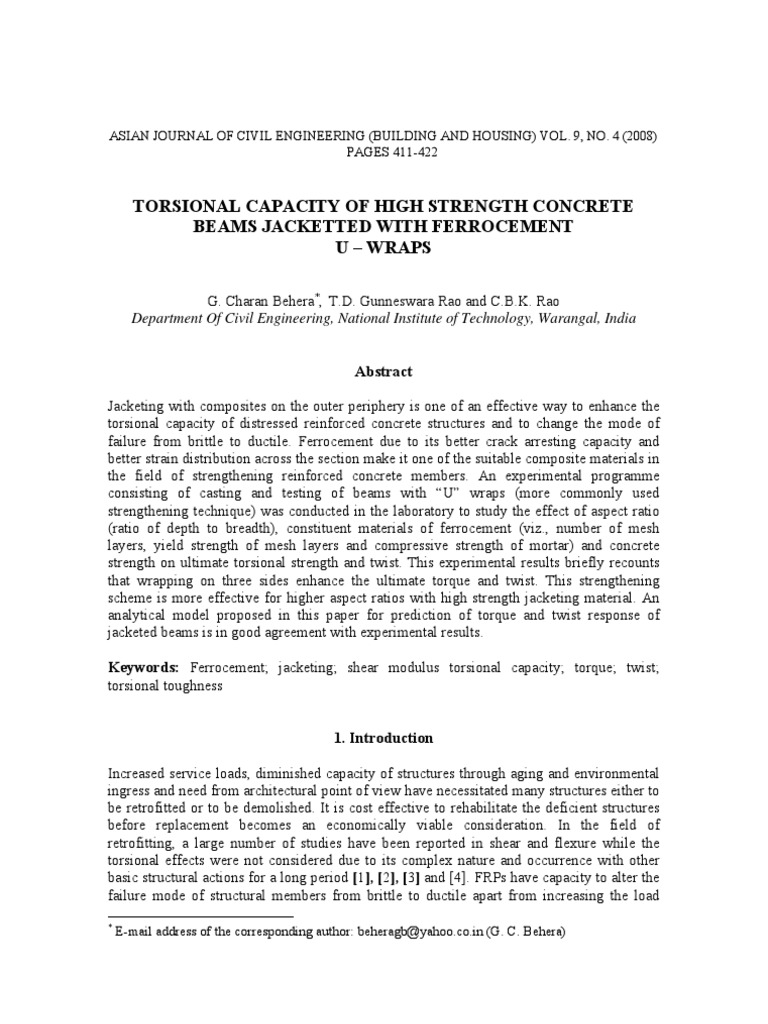 Torsional Capacity of High Strength Concrete Beams Jacketted With ...