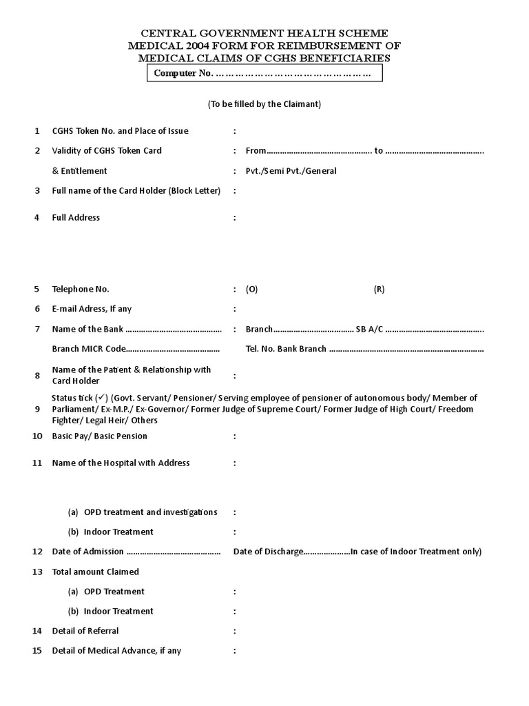 Central Government Health Scheme Medical 2004 Form For Reimbursement of