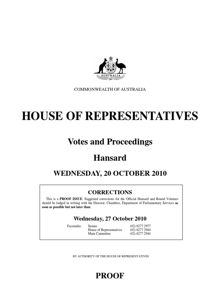 House of Representatives: Votes and Proceedings Hansard | PDF | Westminster  System Governments | Politics Of Oceania