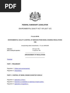 Environmental Quality Control Of Emission From Diesel Engines Regulations 1996 P U A 429 96 Emission Standard Exhaust Gas