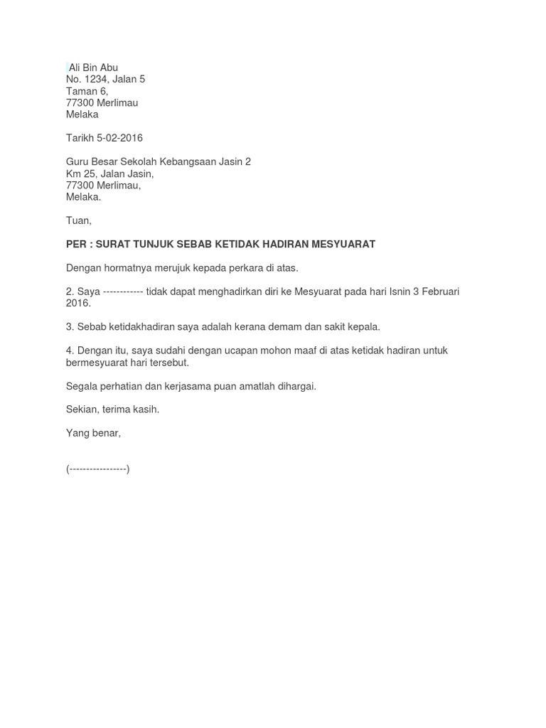 Contoh Surat Tunjuk Sebab Kerana Tidak Hadir Mesyuarat Pdf