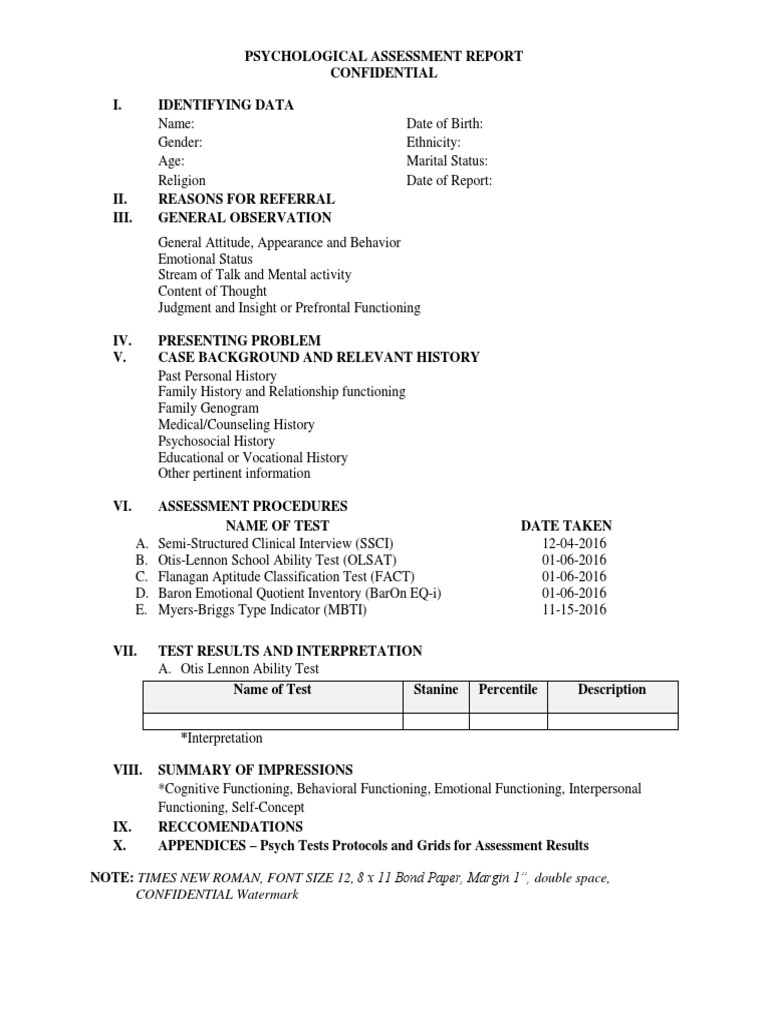 Psychological Assessment Report Summary | PDF
