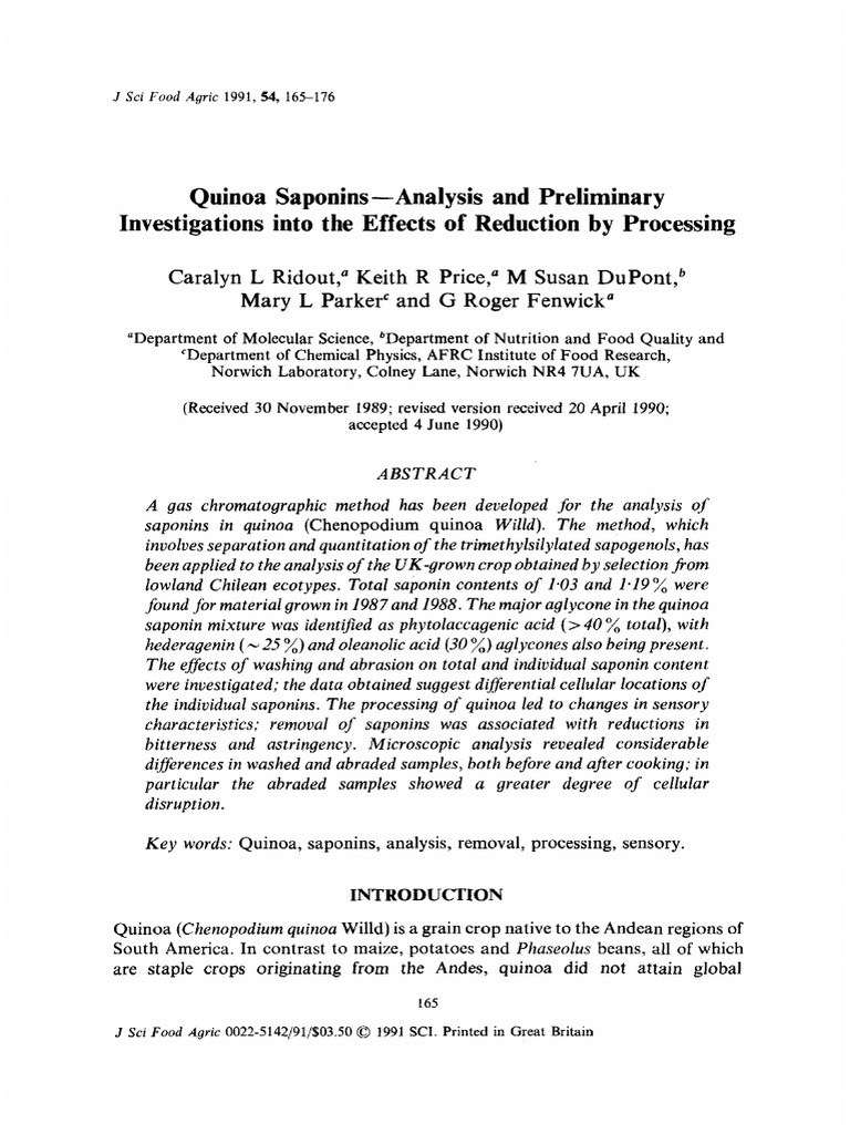 Quinoa Saponins Analysis and Preliminary Investigations PDF Mass