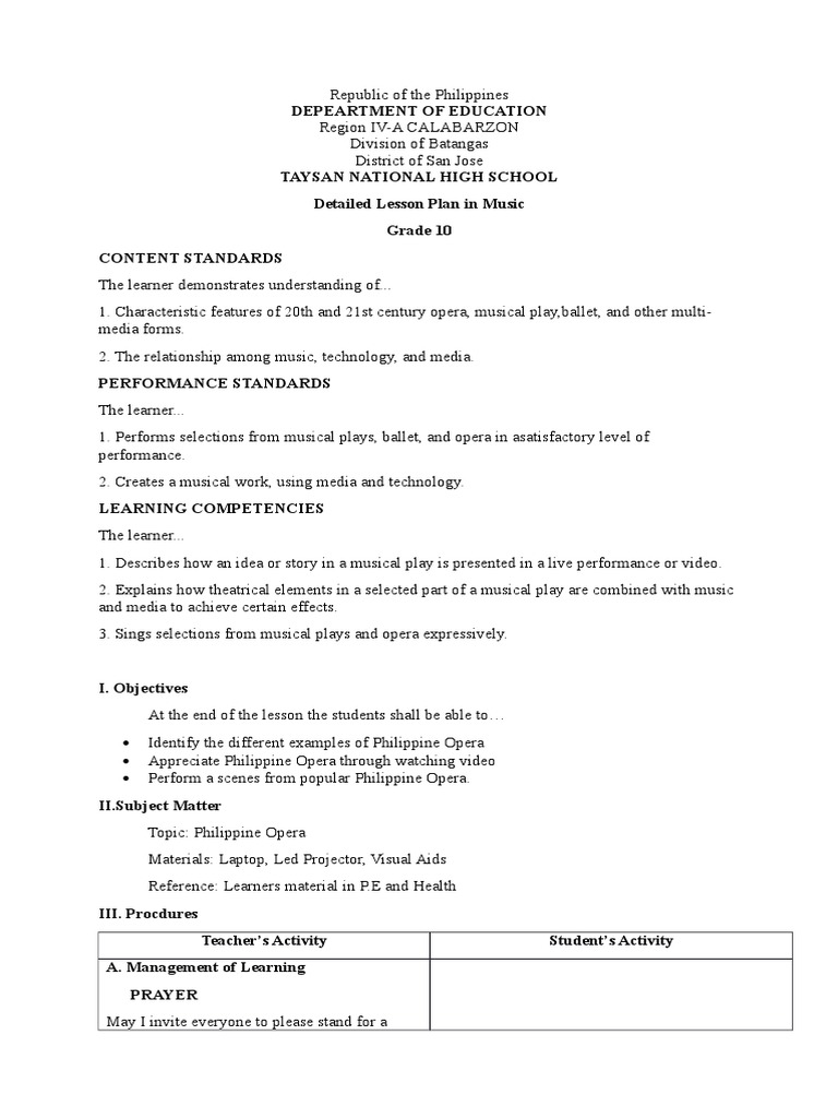 Music 1 | PDF | Opera | Lesson Plan