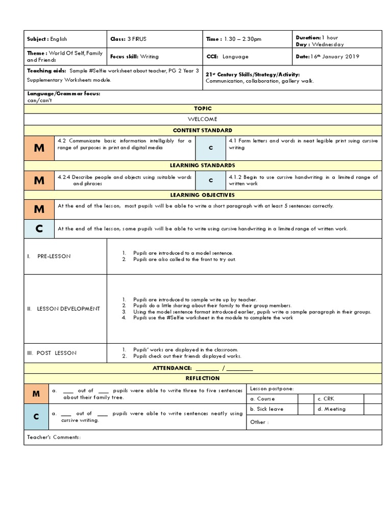Lesson Plan English Year 3 Cefr Wed 16 1 Pdf Teachers English