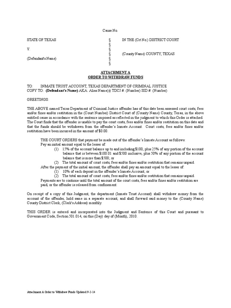 TDCJ Inmate Fund Withdrawal Order | PDF | Fine (Penalty) | Crime & Violence