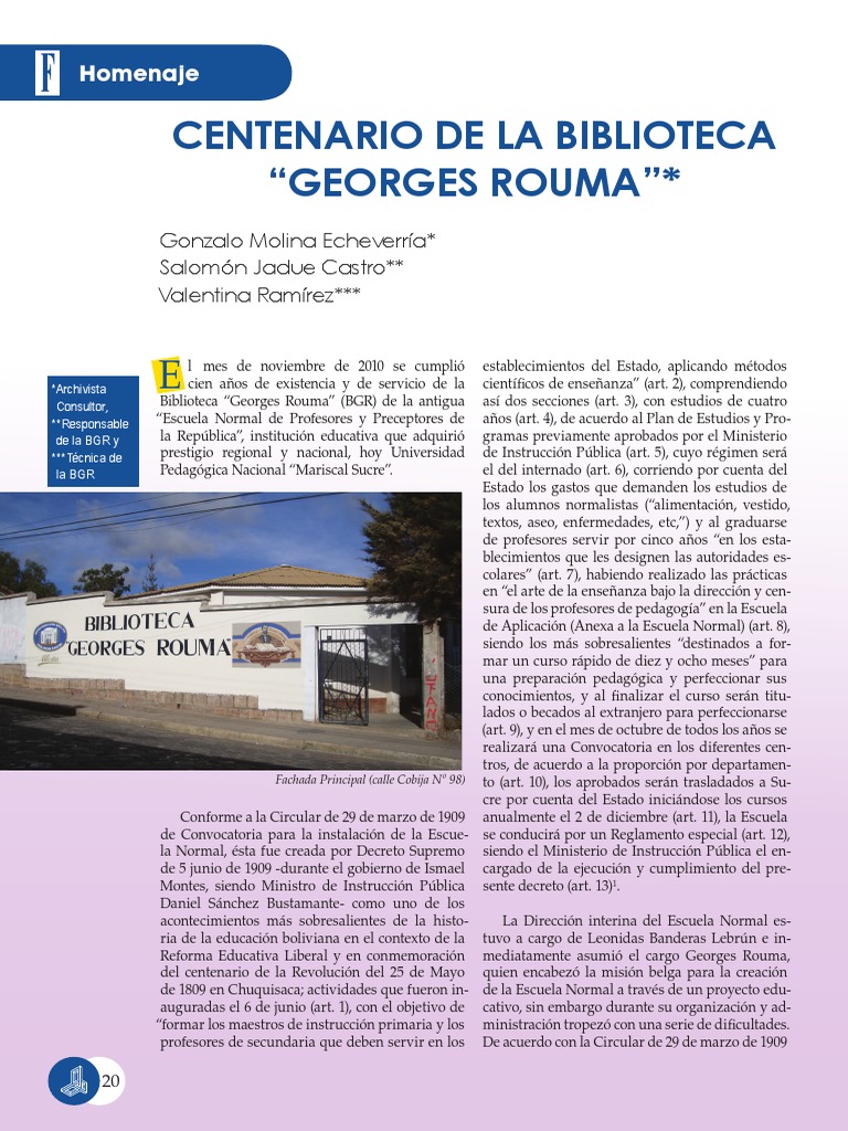 Centenario de La Biblioteca George Rouma PDF | PDF | Bolivia | Bibliotecas