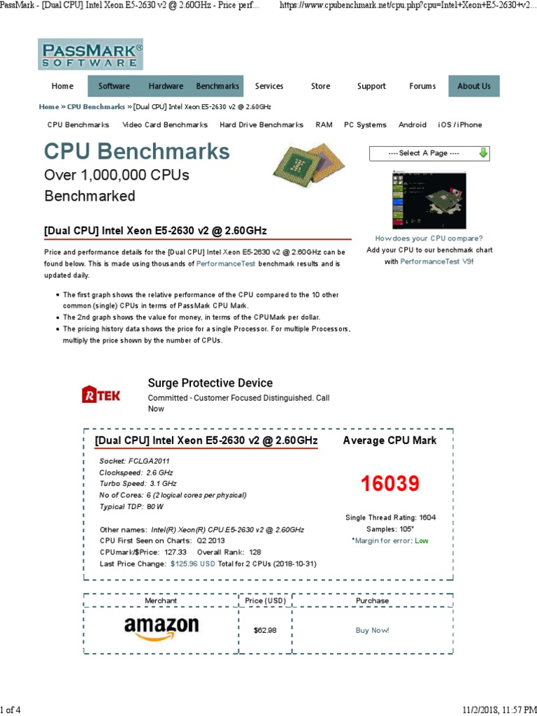 Passmark Dual Cpu Intel Xeon E5 2630 V2 2 60ghz Price Performance Comparison Pdf Multi Core Processor Central Processing Unit