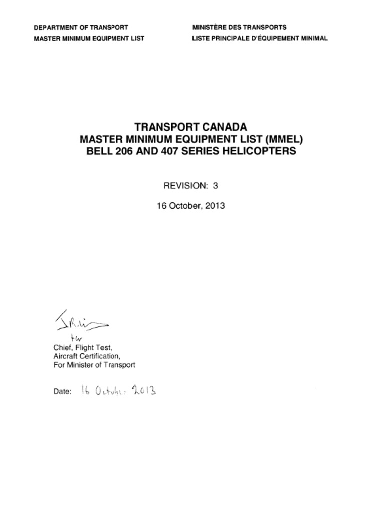 Transport Canada Master Minimum Equipment List (Mmel) Bell 206 and 407 Series Helicopters PDF