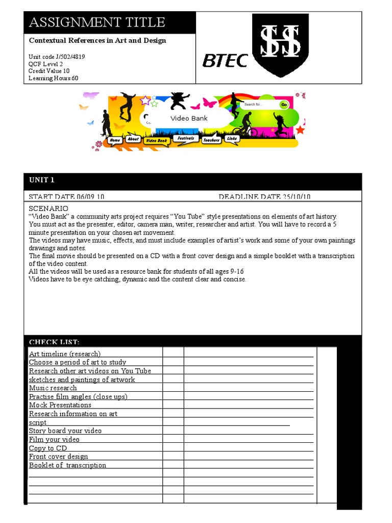 BTEC Art & Design: Video Project Guide | PDF | Drawing | Psychological ...