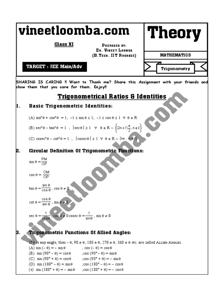 JEE Trigonometry Formulas for Class 11 | PDF | Trigonometric Functions ...